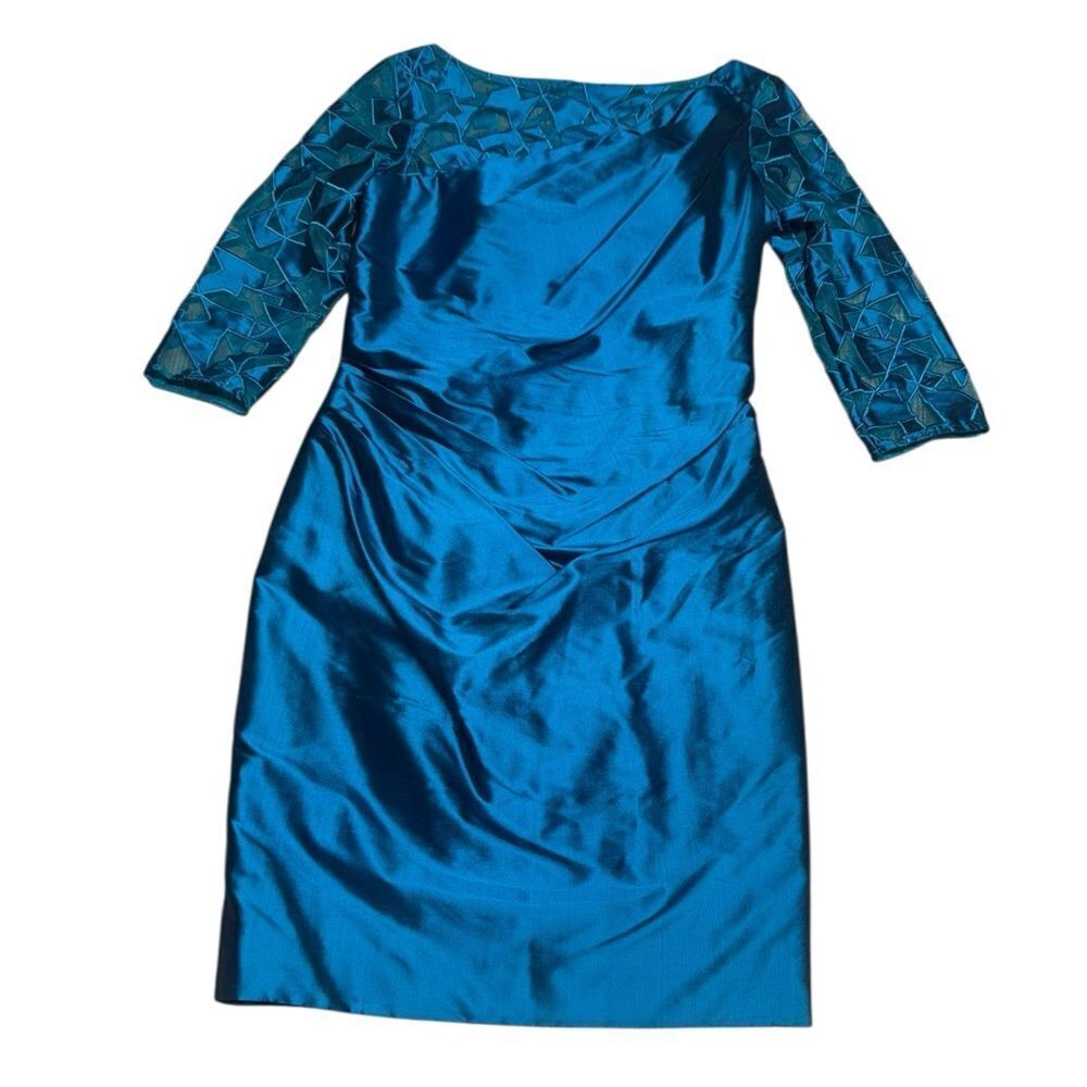 🔥VINTAGE MARISA BARATELLI SILK blue 3/4 mesh sleeve ruched knee length dress sz8